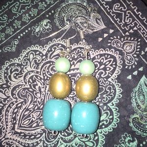 Handmade gold and teal beaded earrings
